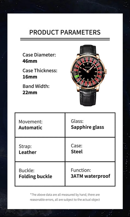 Self-Winding Mens Watch Roulette Dial Stainless Black