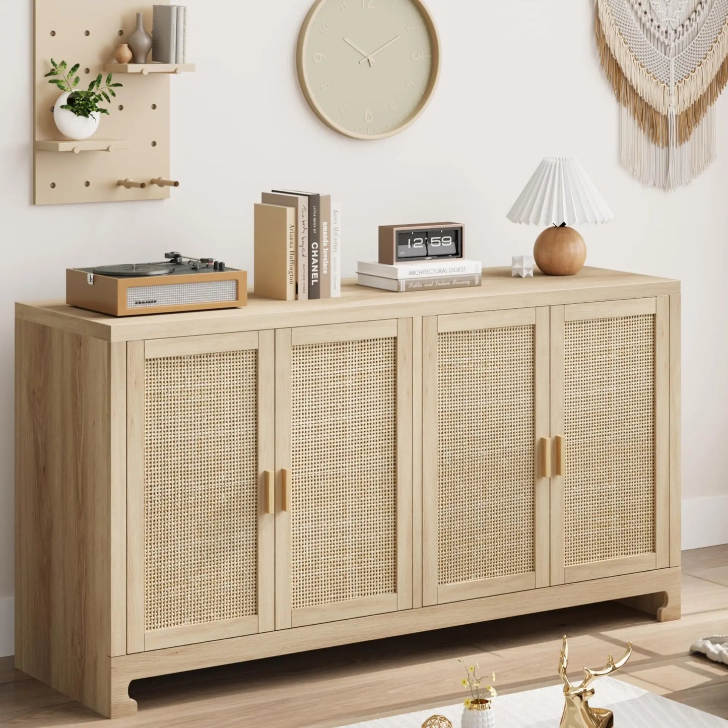 Rattan 4 Door Storage Cabinet Wooden Sideboard Console