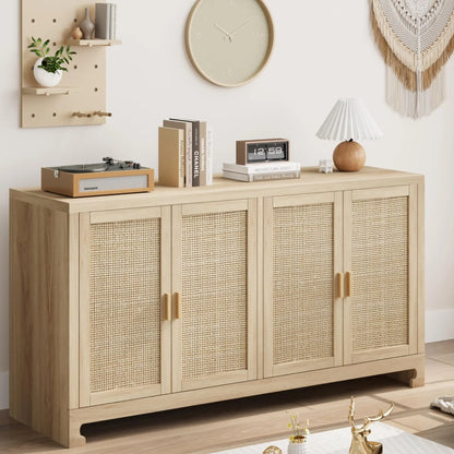 Rattan 4 Door Storage Cabinet Wooden Sideboard Console