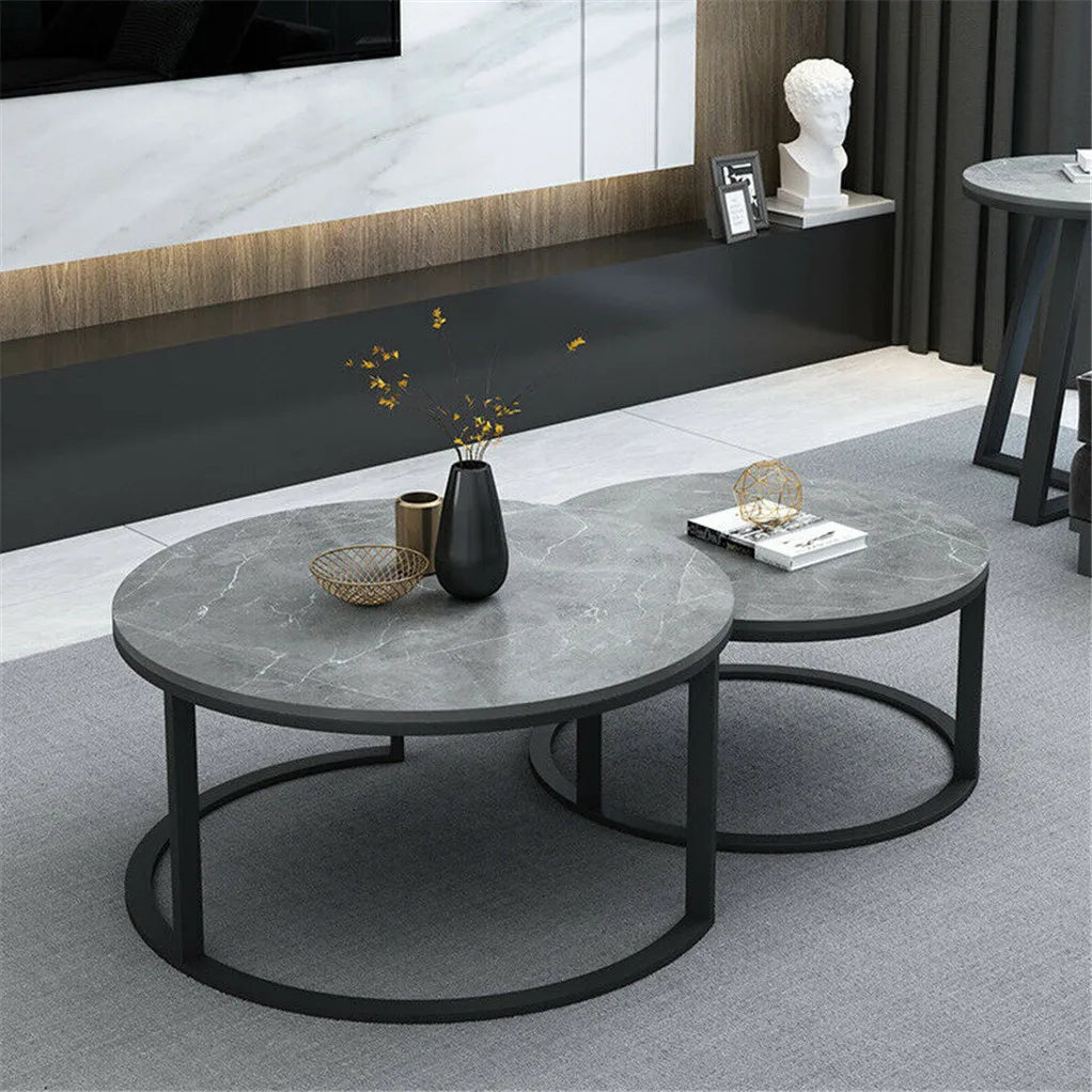 2-in-1 Round Marble Side Table Set Metal Frame Design