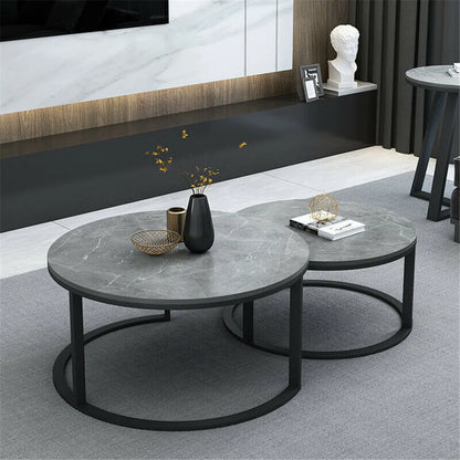 2-in-1 Round Marble Side Table Set Metal Frame Design