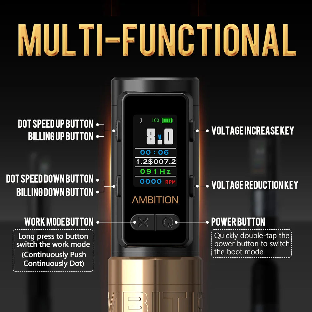Rechargeable Gold Tattoo Pen 2400mAh Battery with Smart Screen