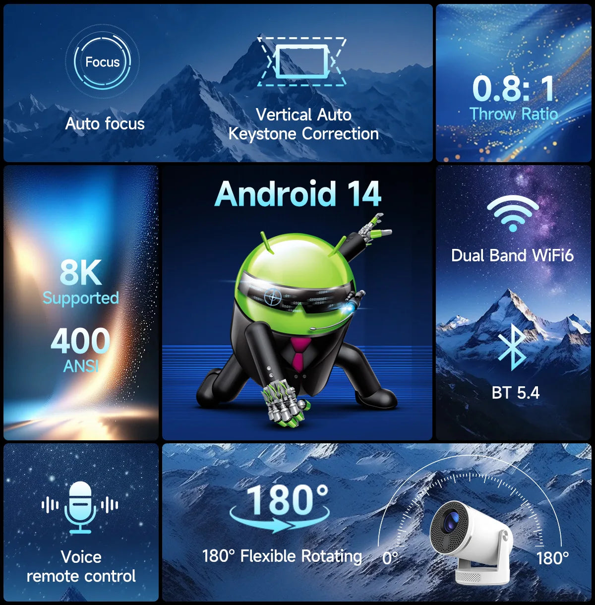 Native 1080P Android 14 Portable Projector Auto Focus
