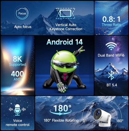 Native 1080P Android 14 Portable Projector Auto Focus