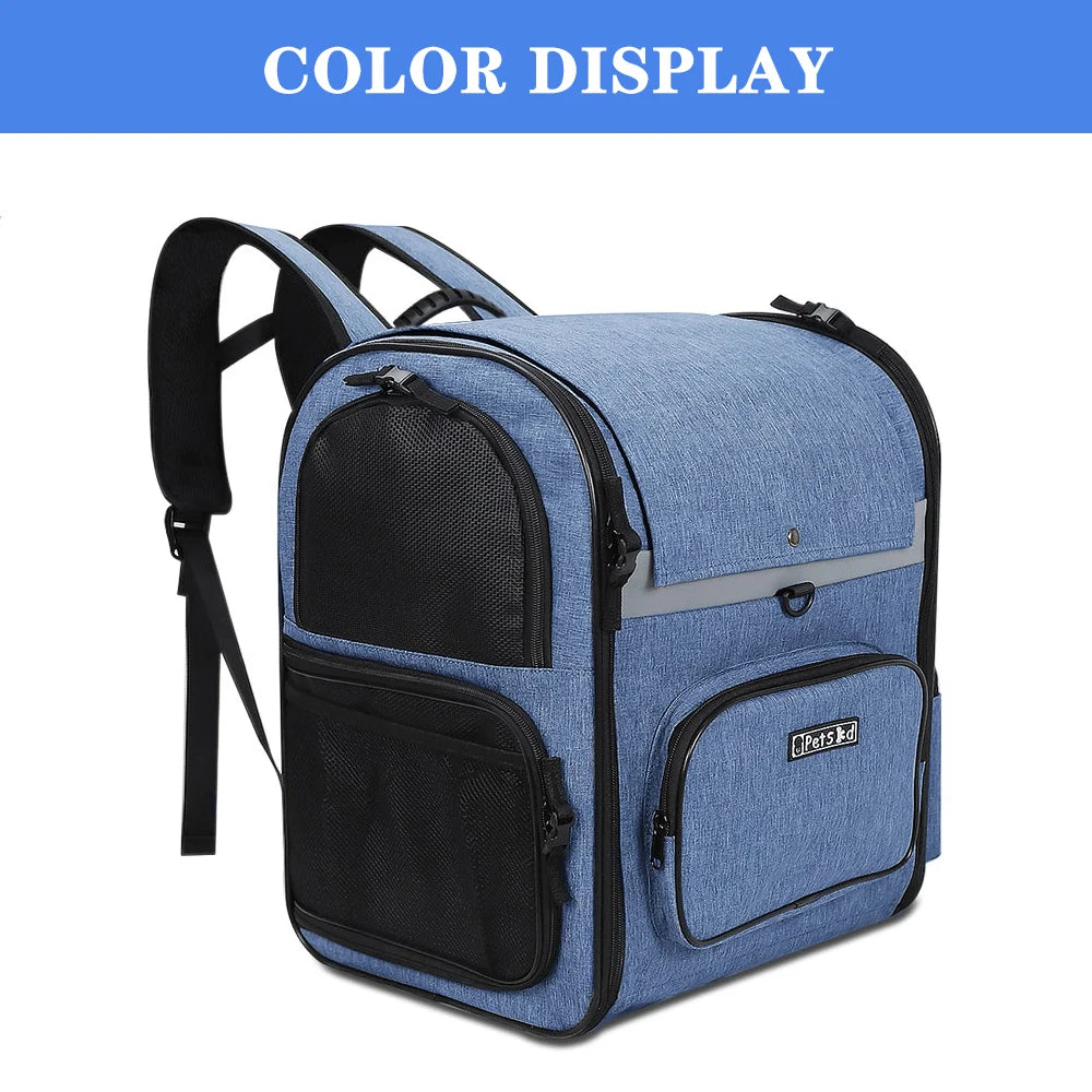 Pet Carrier Bag Foldable Double Shoulder Travel Backpack Blue