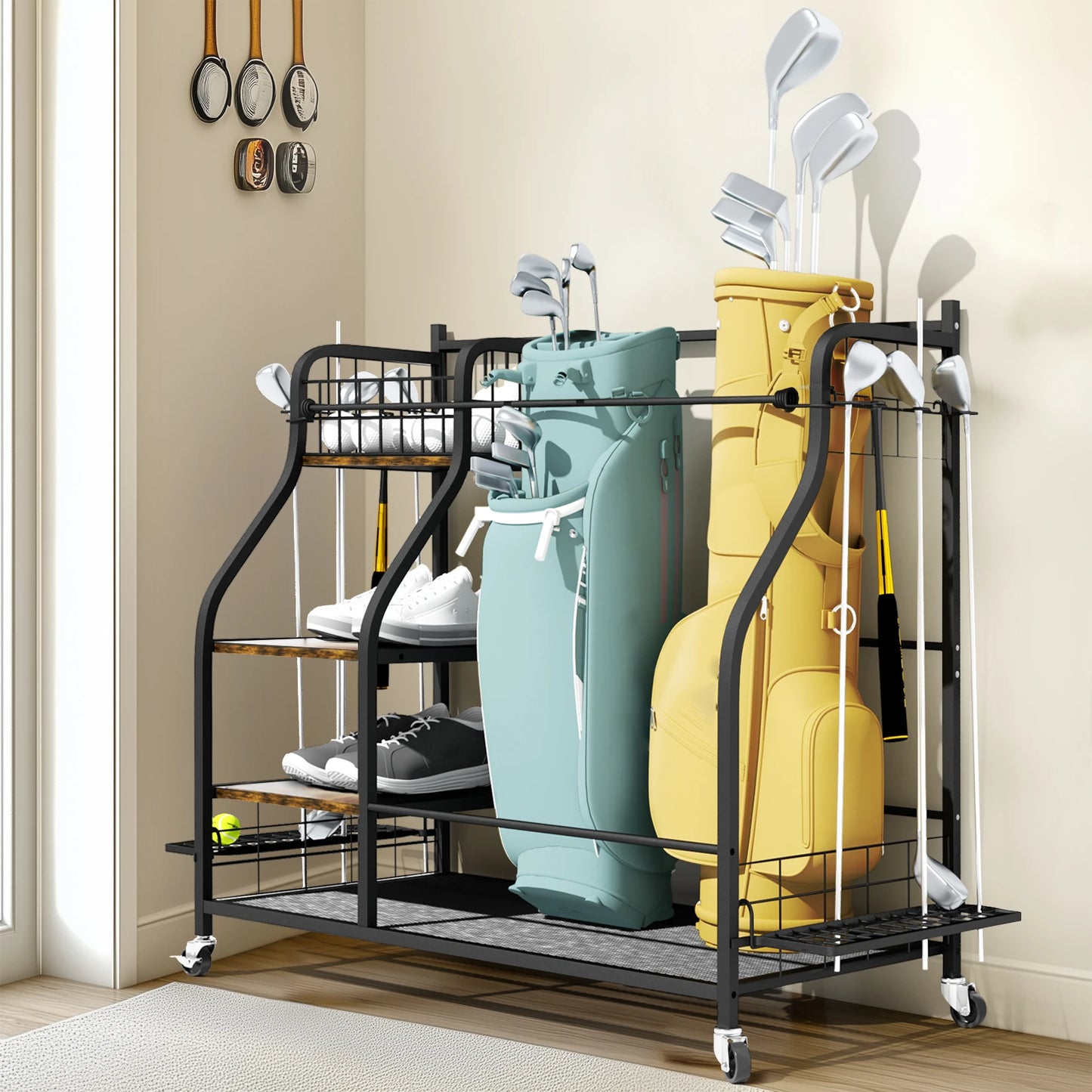 Rolling Golf Bag Storage Rack with Wheels Multi-Tier Organizer