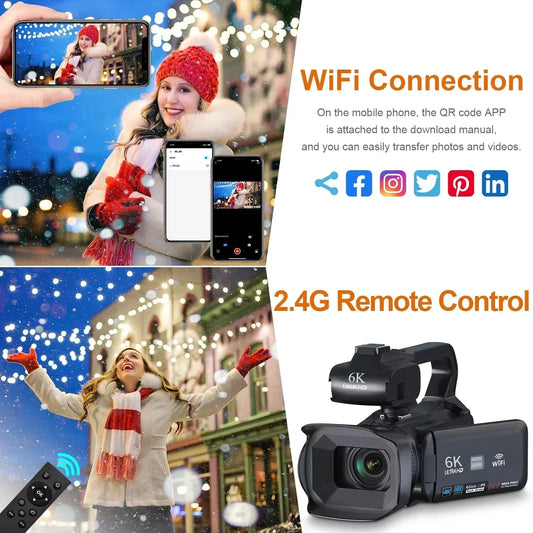 Portable 6K Camera 18X Zoom Mic 128GB Card