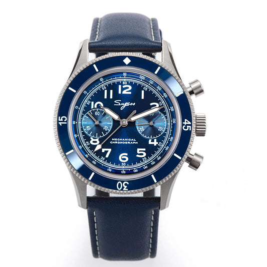 Mechanical Pilot Wristwatch with Luminous Blue Dial