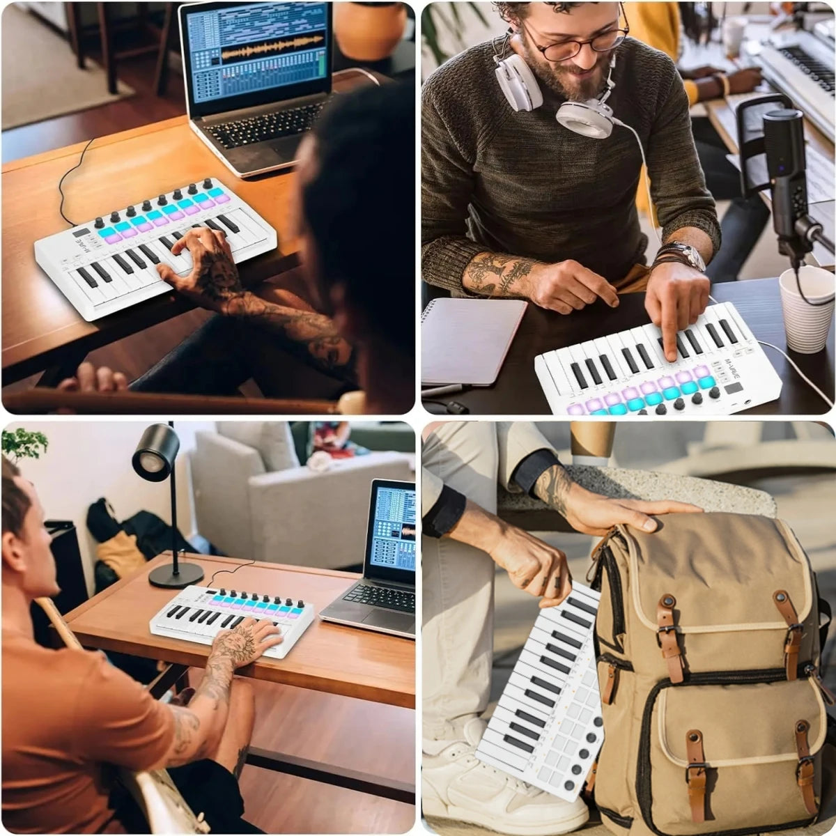Compact 25 Key MIDI Controller with Drum Pads and Knobs