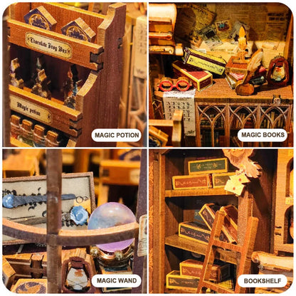 DIY Wooden Book Nook Kit with Retro Magic Shop Design