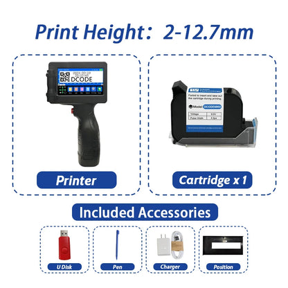 Portable 12.7mm Handheld Inkjet Printer with 1 Ink Cartridge