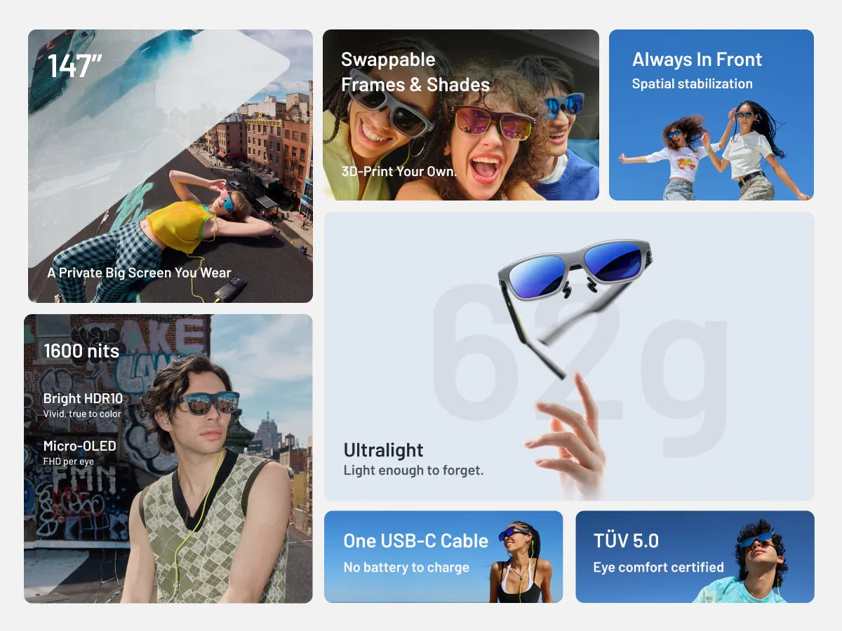 AR Smart Glasses 147 Inch HDR Virtual Display 1600 Nits