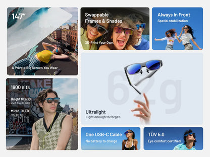 AR Smart Glasses 147 Inch HDR Virtual Display 1600 Nits