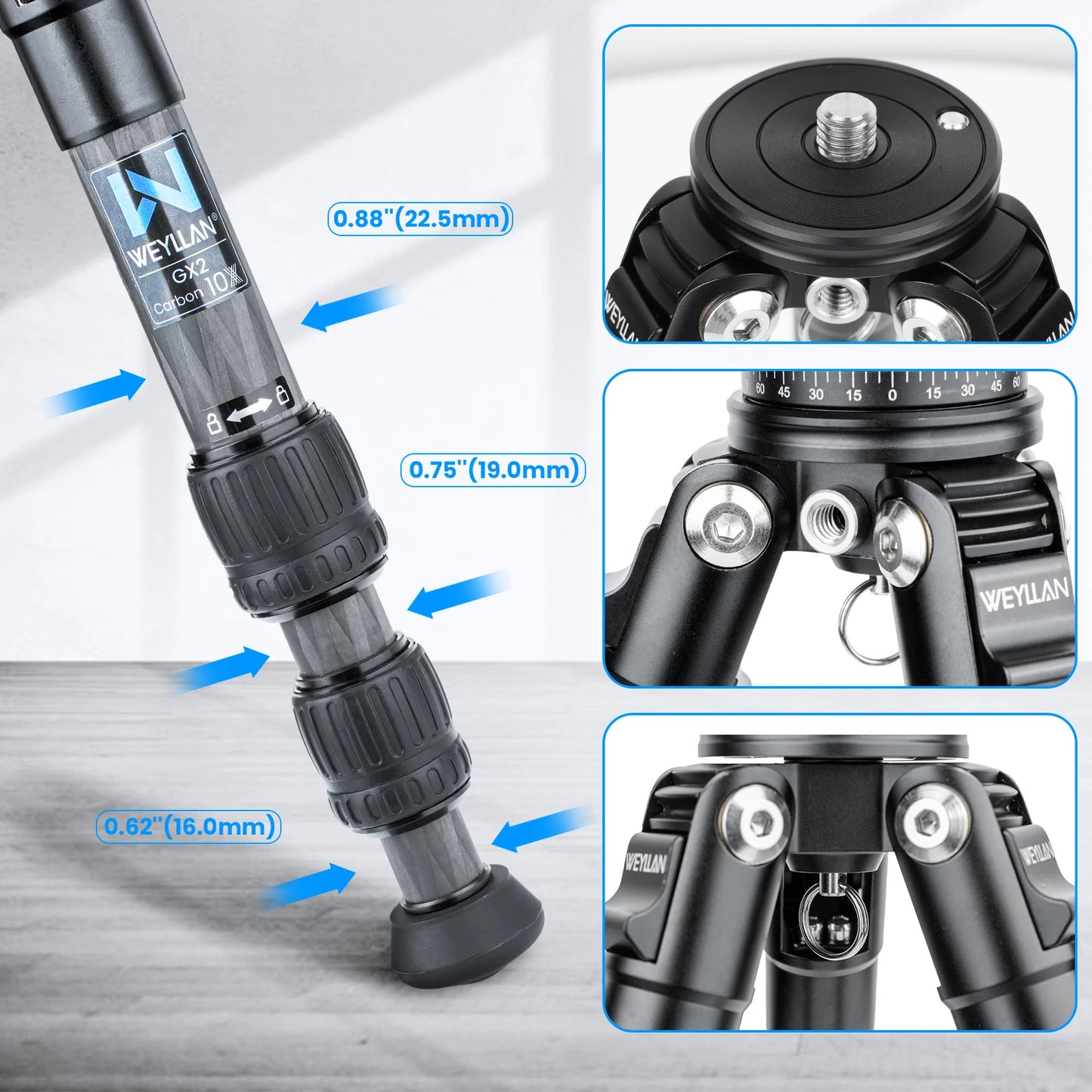 Portable Carbon Fiber Tripod Kit with Holder Column and Bag