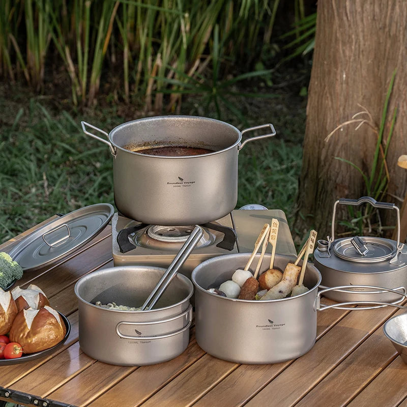 Portable 4-Piece Titanium Cookware for Outdoor Camping