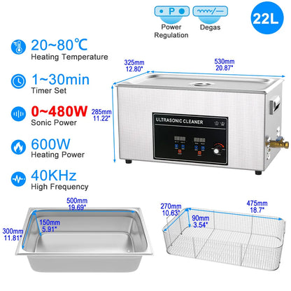 22L 480W Ultrasonic Cleaner Heavy Duty Tank
