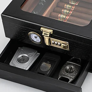 Black Cedar Humidor with Accessories Drawer and Front Hygrometer