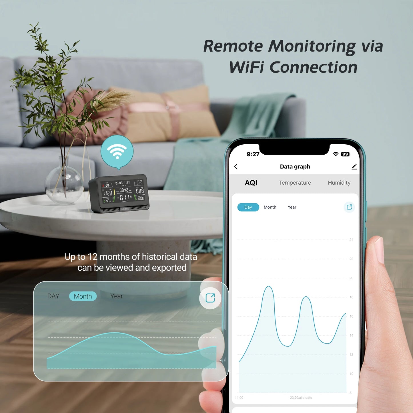 Smart Indoor Air Quality Monitor CO2 AQI Black