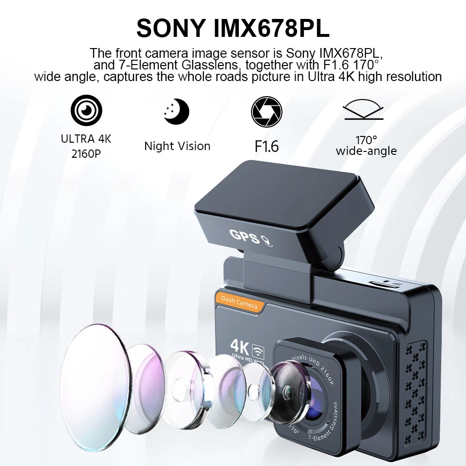 4K Dash Cam Dual Lens GPS WiFi 3 Inch 1080P Rear Camera