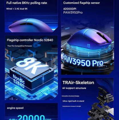 Lightweight Gaming Mouse PAW3950 Sensor 8K Wireless Blue