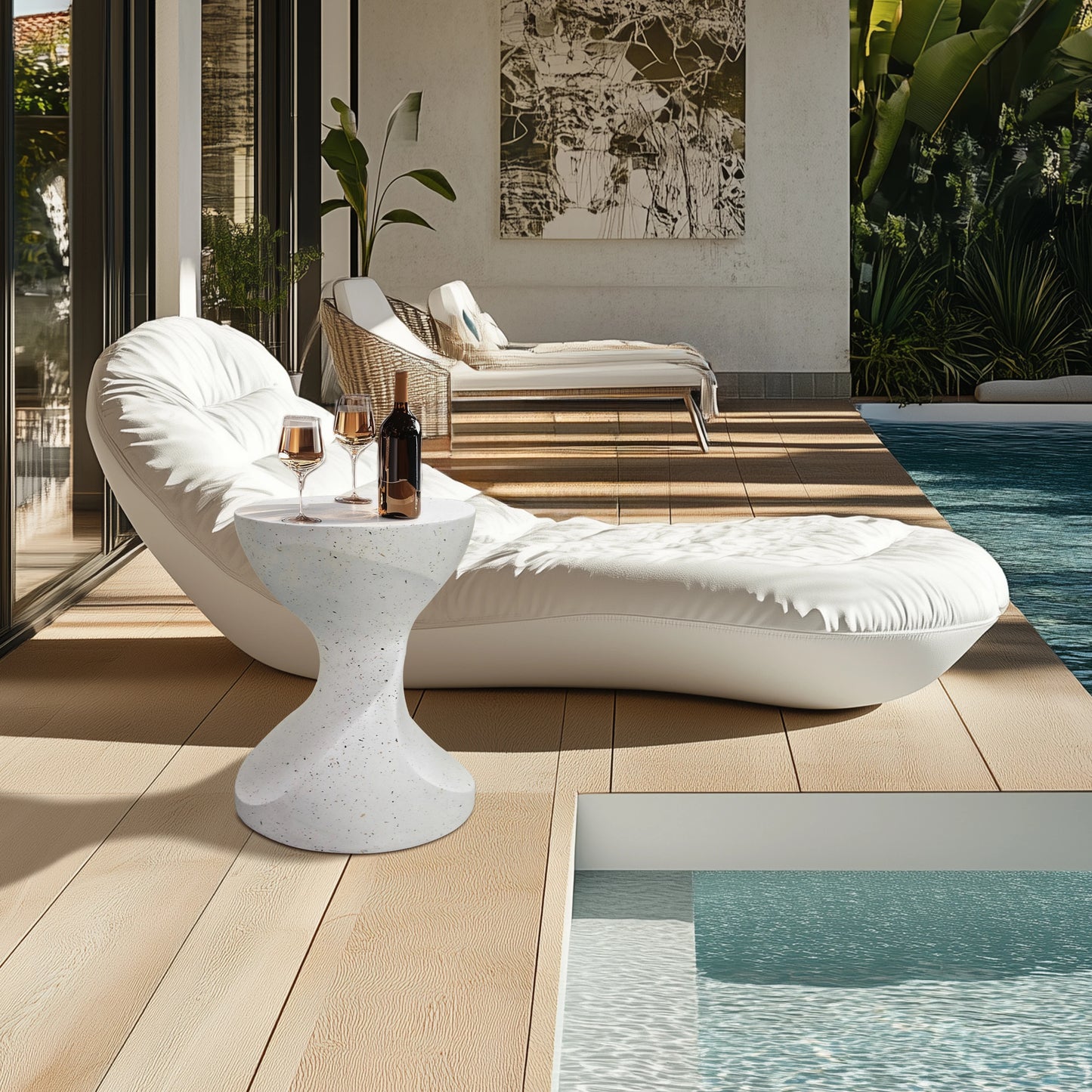 White Accent Table with Hourglass Shape for Indoor Outdoor Use