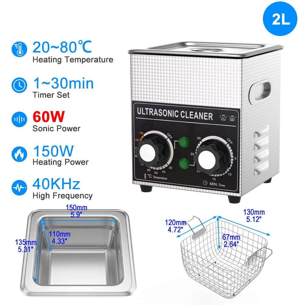 Portable 2L Ultrasonic Cleaner 60W