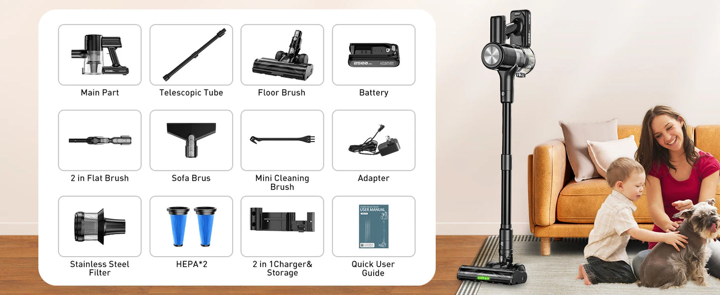 Self-Standing Cordless Vacuum 55Kpa 55Mins Battery with Wall Mount