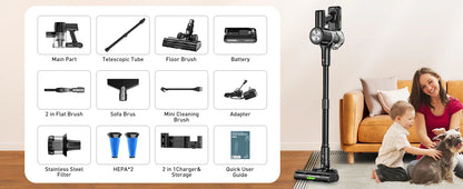Self-Standing Cordless Vacuum 55Kpa 55Mins Battery with Wall Mount