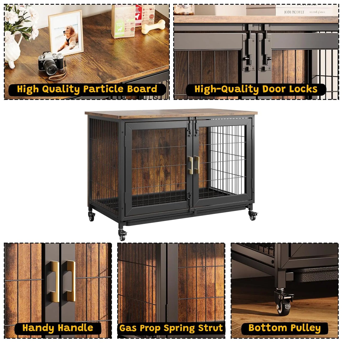 37.5" Wooden Dog Crate Furniture with Wheels
