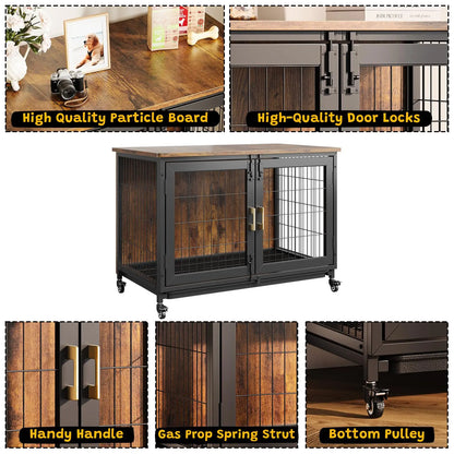 37.5" Wooden Dog Crate Furniture with Wheels