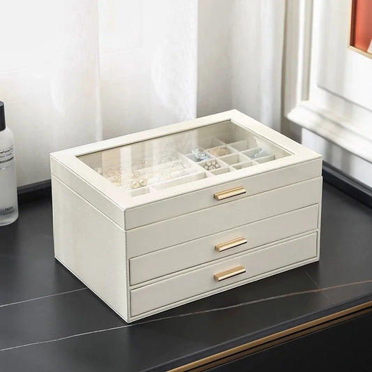 White Leather Jewelry Box 3 Layer Travel Friendly Organizer