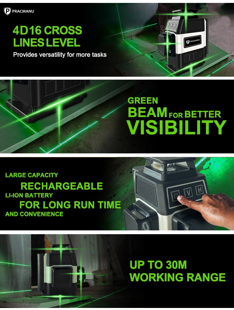 Mini 16-Line 4D Green Laser Level Self-Levelling Horizontal Vertical