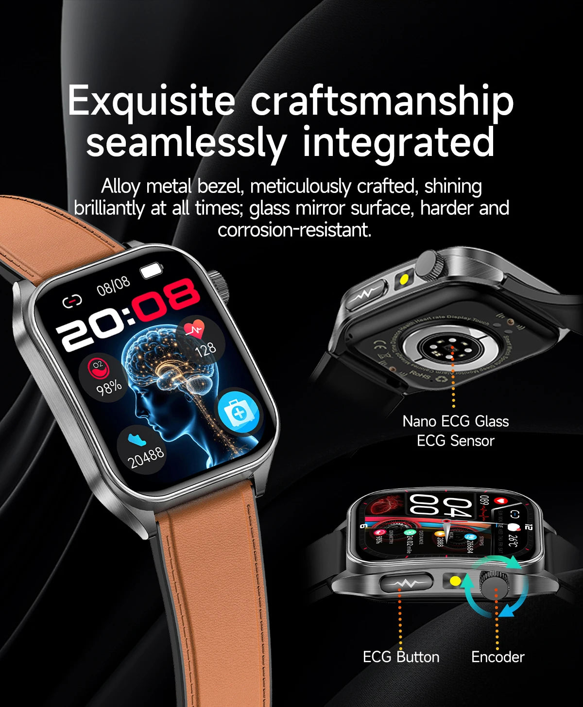 Premium Leather Smart Bracelet with Heart and ECG Tracking