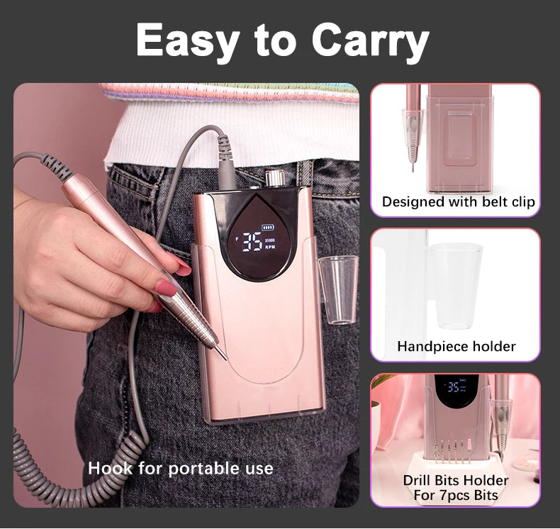 Portable Rose Gold Aluminium Nail Drill with Charging Station