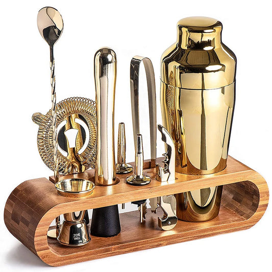 10 Piece Gold Cocktail Shaker Set with Bamboo Stand
