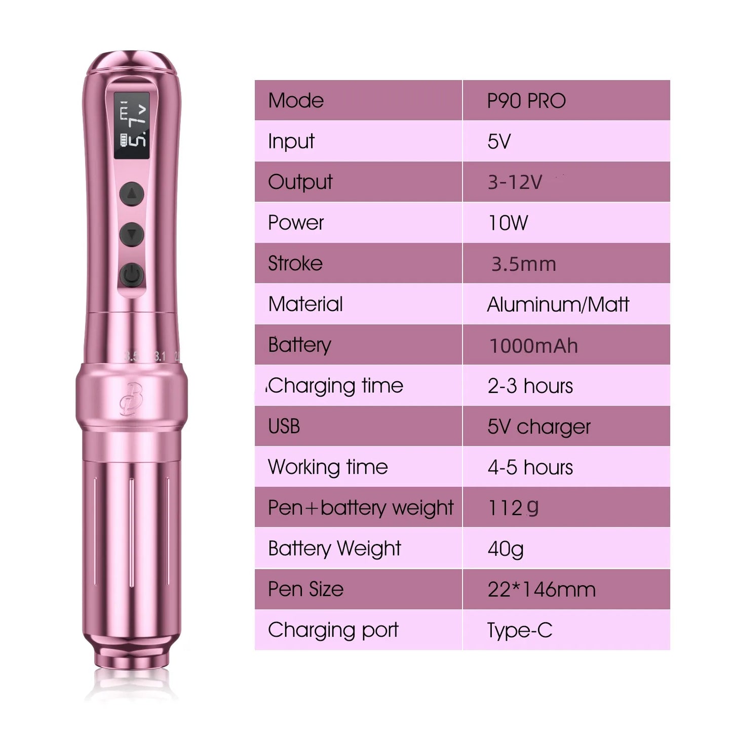 Wireless Tattoo Machine Rotary Pen with LED Display Pink