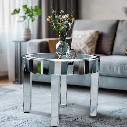 Round Mirrored Bedside Table Crystal Diamond Accent Side Table