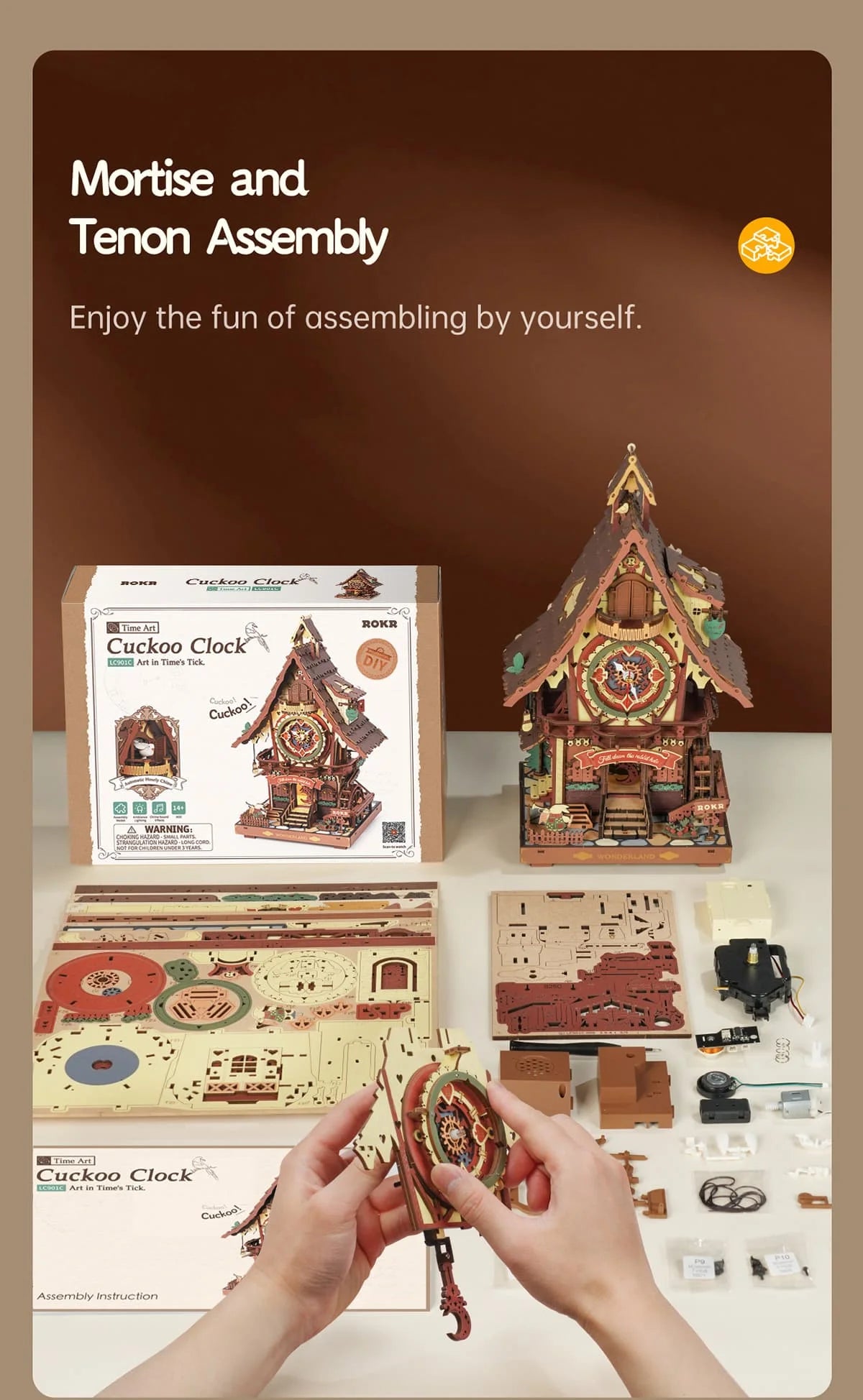Wooden 3D Cuckoo Clock Puzzle with Moving Mechanism