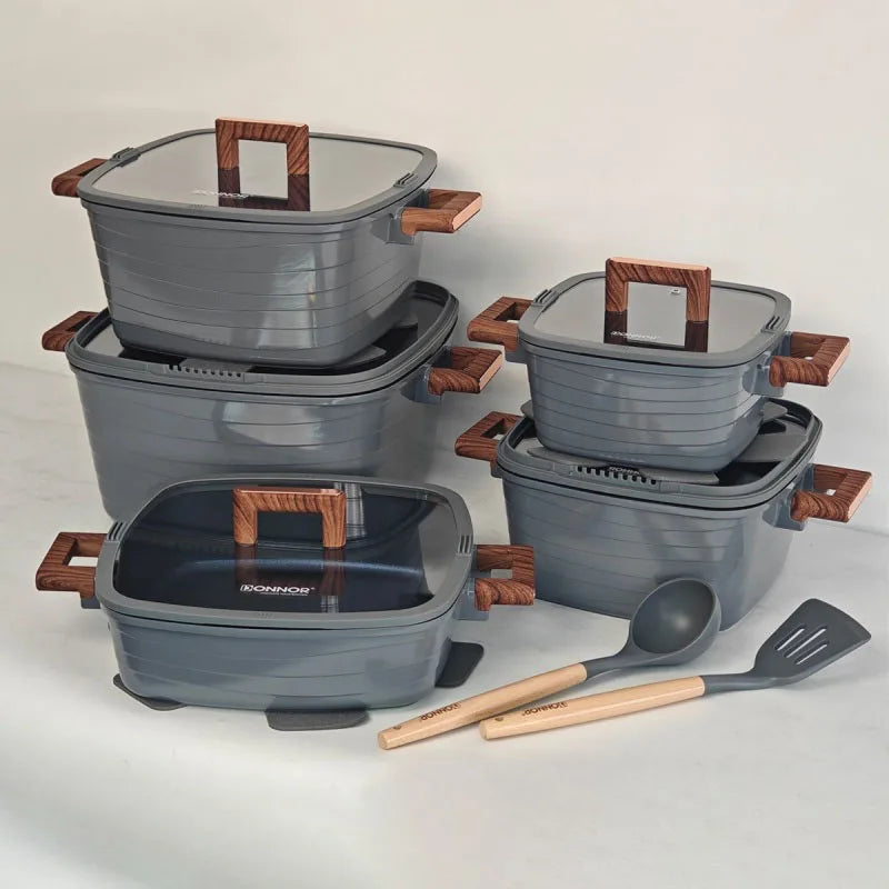 Complete Kitchen Cookware Set Non-Stick 15 Piece Gray