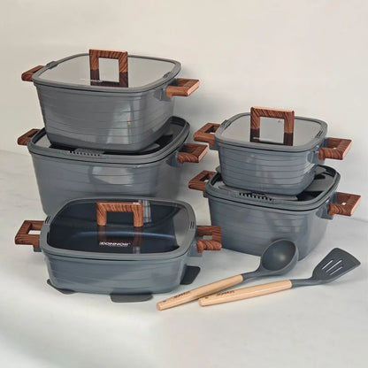 Complete Kitchen Cookware Set Non-Stick 15 Piece Gray