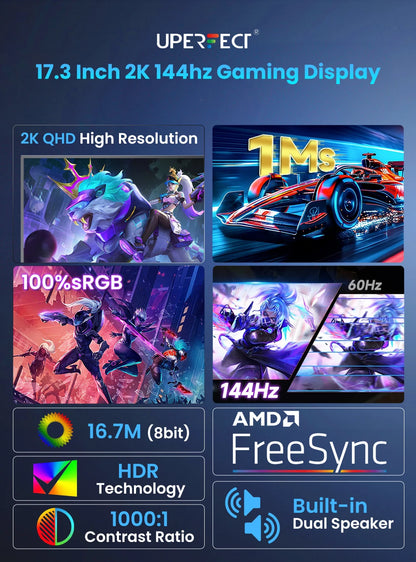 2K 17.3" Portable Gaming Screen with Stand 144Hz