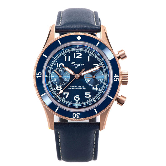 Luxury Pilot Chronograph Watch with Blue Dial and Leather Strap