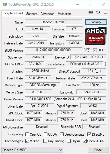 RX5500XT 8GB 128-Bit GDDR6 GPU for PC Gaming