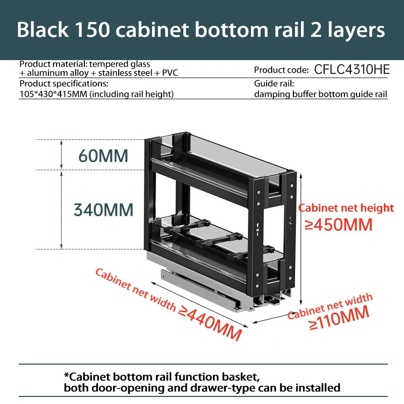 Black 2 Tier Kitchen Spice Shelf Storage Rack