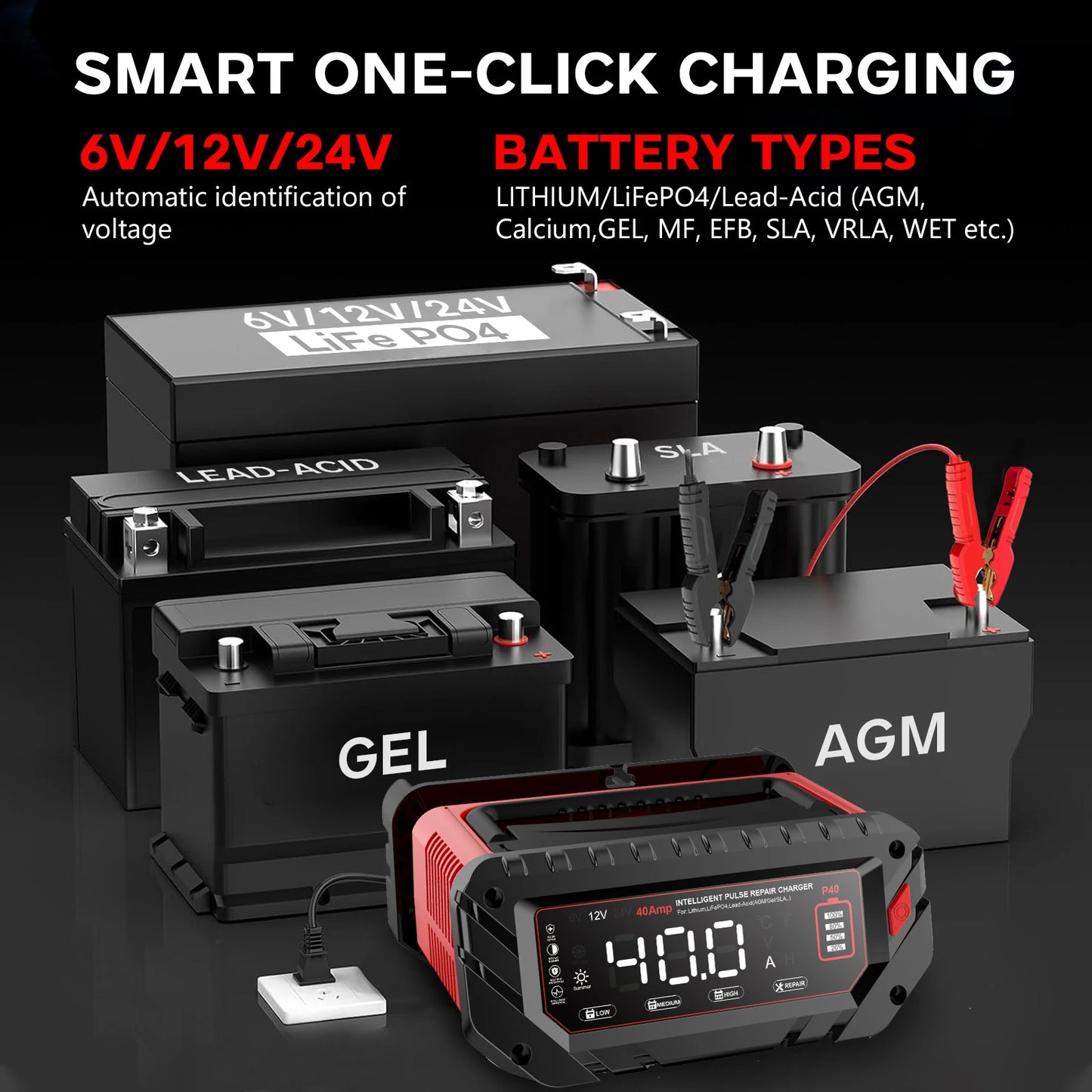40A Smart Battery Charger for 6V 12V 24V Vehicles