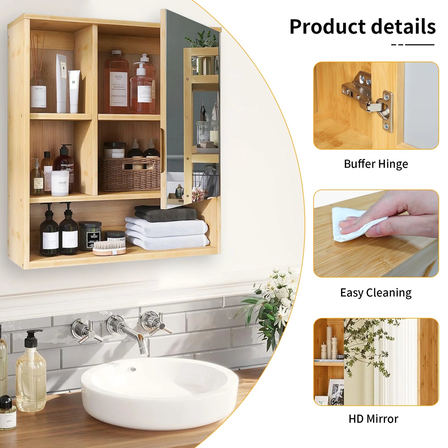 Wall Mounted Bamboo Bathroom Cabinet with Mirror and Shelves
