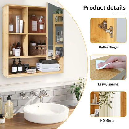 Wall Mounted Bamboo Bathroom Cabinet with Mirror and Shelves
