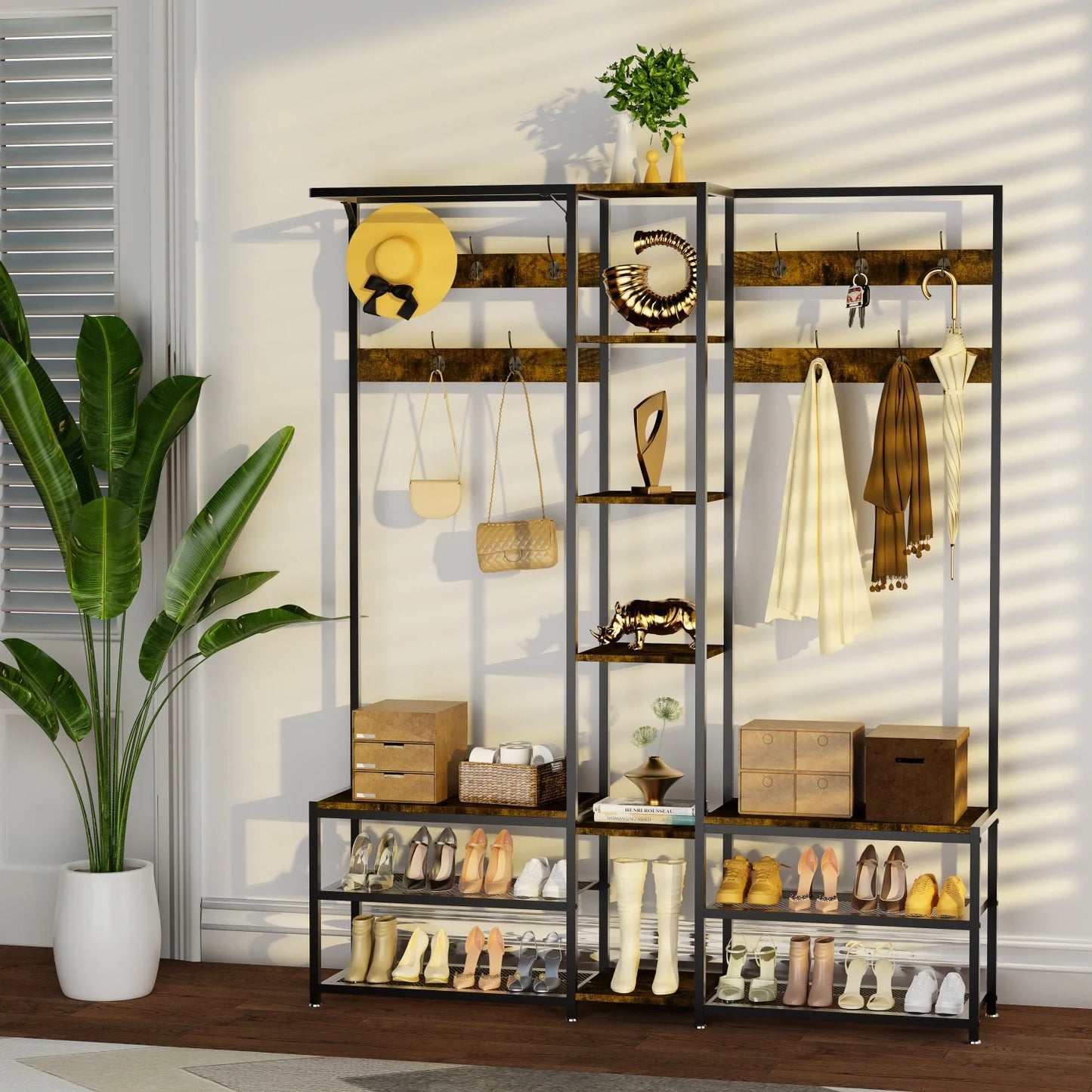 Rustic Corner Coat Rack Bench with Shoe Storage & Hooks