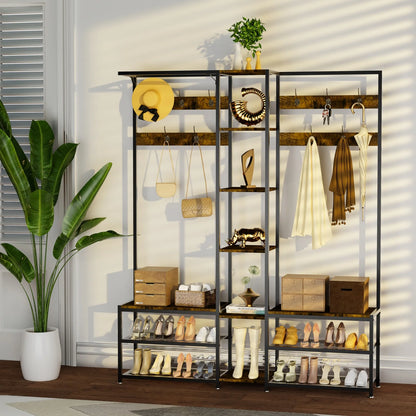 Rustic Corner Coat Rack Bench with Shoe Storage & Hooks