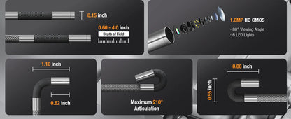 3.9mm Articulating Borescope Camera 1080p 5" IPS Screen